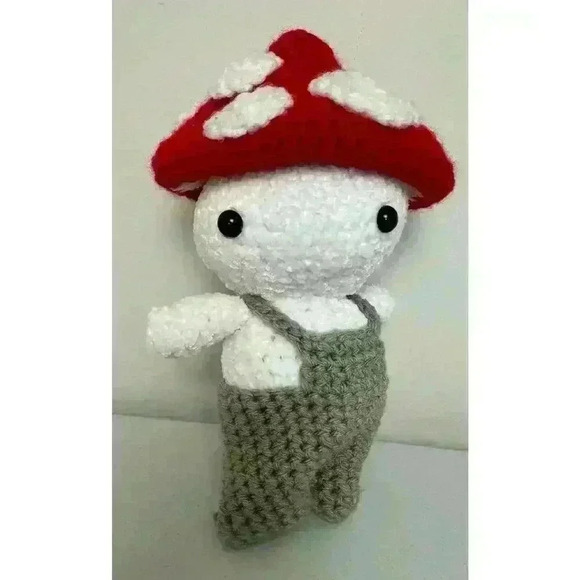 Mushroom Baby Kid Doll With Red Mushroom Cap Very Soft Chenille Yarn Overalls - Picture 7 of 11